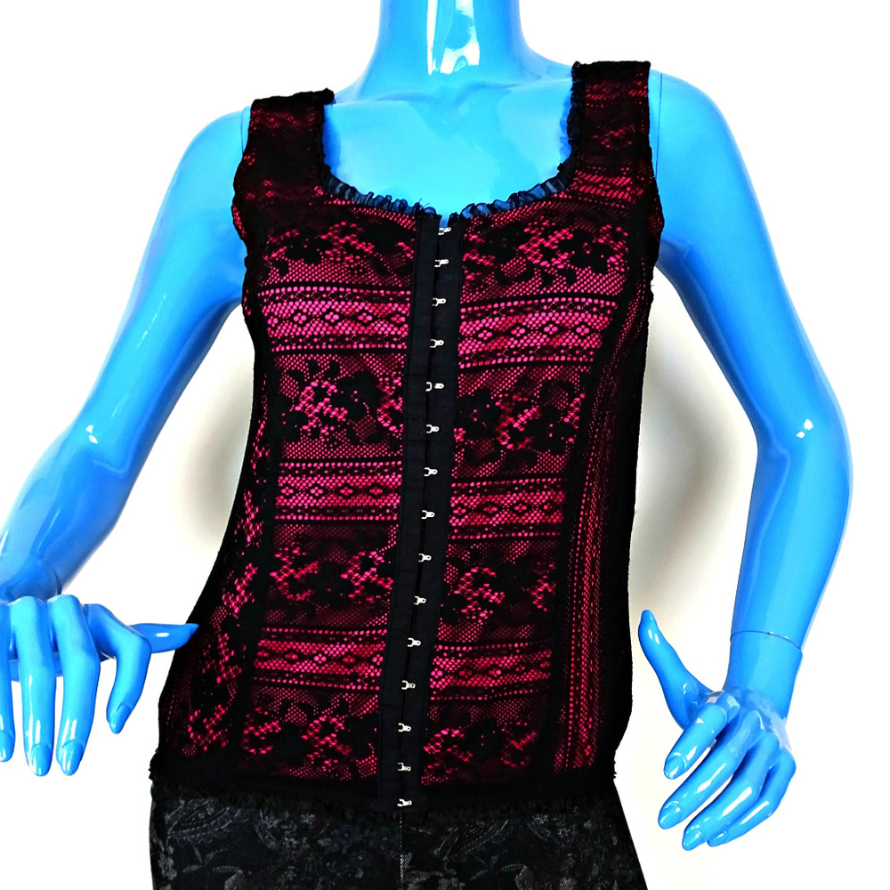 Vintage Black Lace Sleeveless Top Sheer Blouse Fitted Pink Lined Retro S 4 6